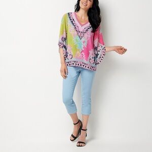 Belle by Kim Gravel Bright Colorful Paisley Sheer Poncho Blouse Top Resort Wear